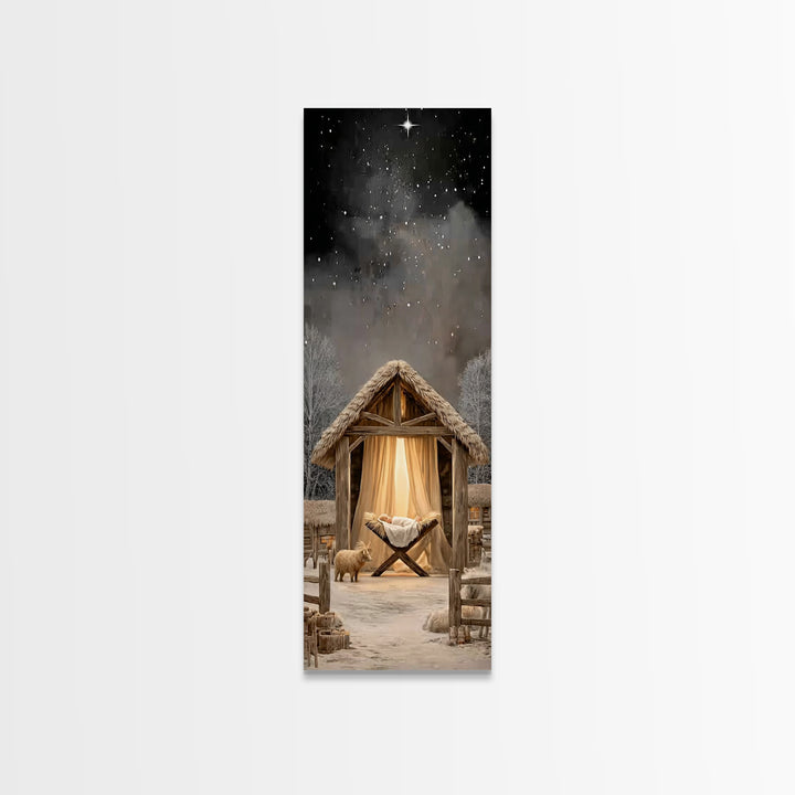 Starry Manger Peace – Framed Canvas Print – Christmas Wall Art – Christian Art Canvas – Skinny Art – Christian Christmas Art – Jesus Painti