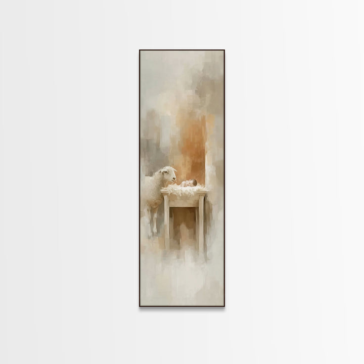 Gentle Manger Love, Framed Canvas Print, Christian Art Canvas, Jesus Painting, Tall Narrow Wall Art, Christian Christmas Art, Christian Wal