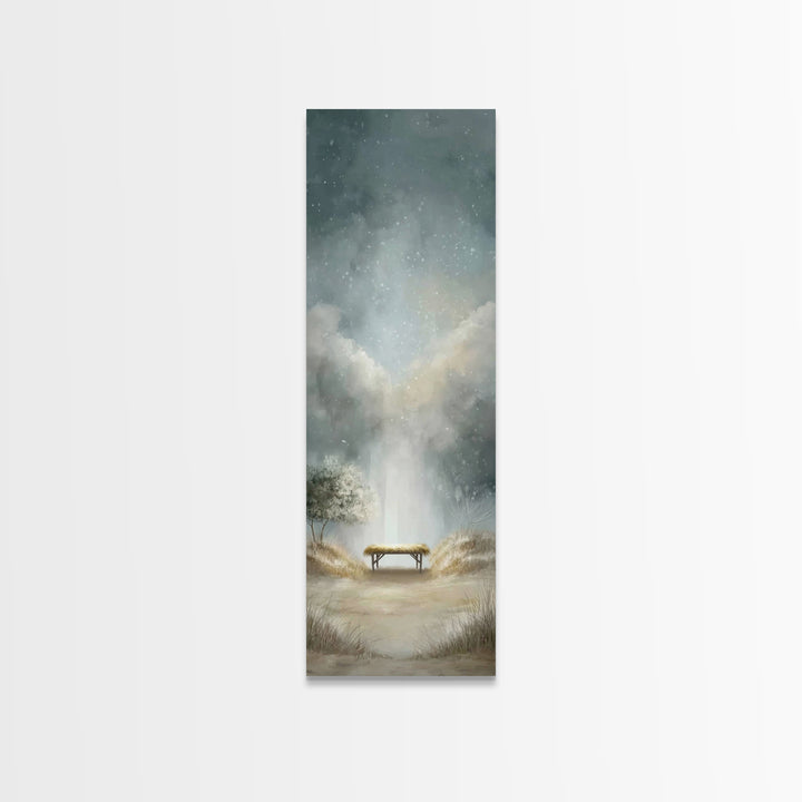 Winter Manger Light – Framed Canvas Print – Christmas Art – Christian Christmas Art – Christian Wall Art – Tall Narrow Wall Art