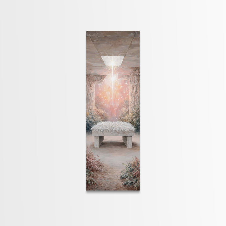 Holy Cradle Glow – Framed Canvas Print – Christian Wall Art – Christian Art Canvas – Christmas Art – Narrow Art