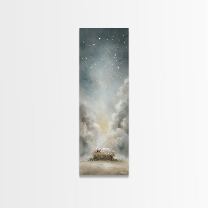 Holy Night Starfall – Framed Canvas Print – Christian Wall Art – Christmas Art – Jesus Painting – Christian Christmas Decor – Tall Skinny A