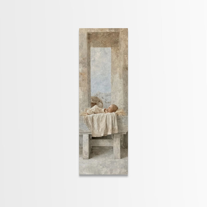 Sacred Infant Rest – Framed Canvas Print – Christian Art – Jesus Painting – Christian Christmas Art – Tall Skinny Art Print – Christian Wal