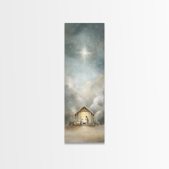 Radiant Stable Peace – Framed Canvas Print – Tall Narrow Wall Art – Christian Art Canvas – Jesus Art – Christian Christmas Art – Jesus Pain