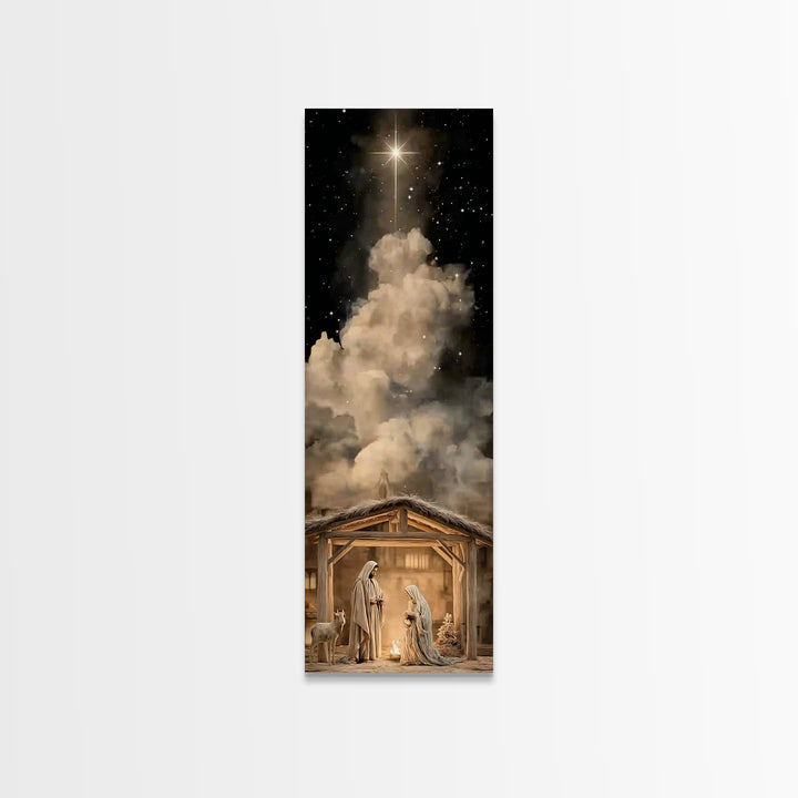 Manger Sky Blessing – Framed Canvas Print – Tall Narrow Wall Art – Christian Art Canvas – Christian Christmas Art – Jesus Art – Jesus Paint