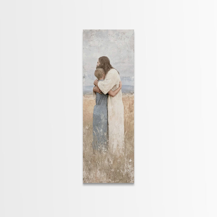 Gentle Savior Hold | Framed Canvas Print | Christian Art Canvas | Christian Wall Art | Jesus Painting | Subtle Christian Art | Narrow Art