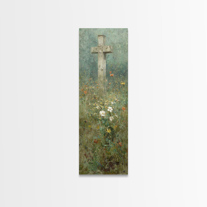 Cross In Bloom, Framed Canvas Print, Christian Art Canvas, Christian Wall Art, Vintage Christian Art, Christian Painting, Tall Narrow Wall