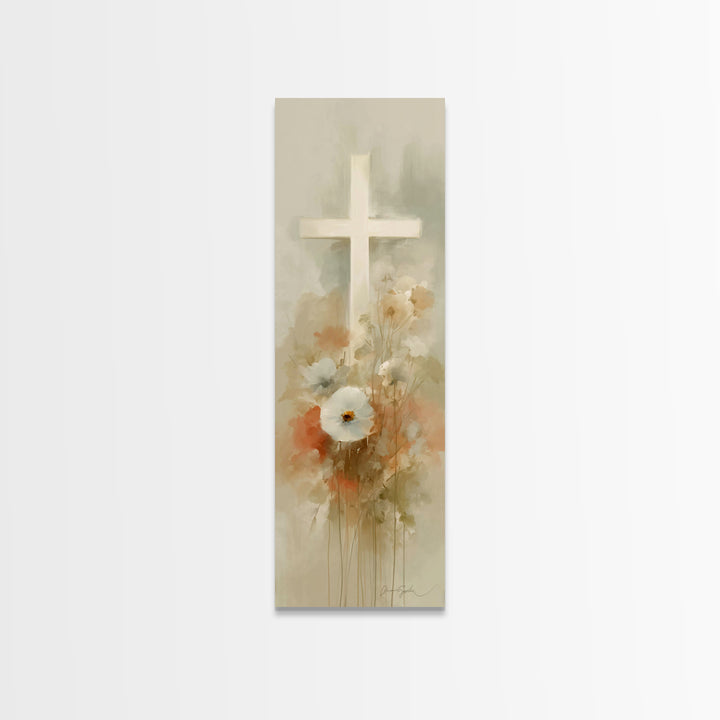 Soft Cross Blossoms | Framed Canvas Print | Christian Art | Christian Art Canvas | Christian Wall Art | Subtle Christian Art | Narrow Art