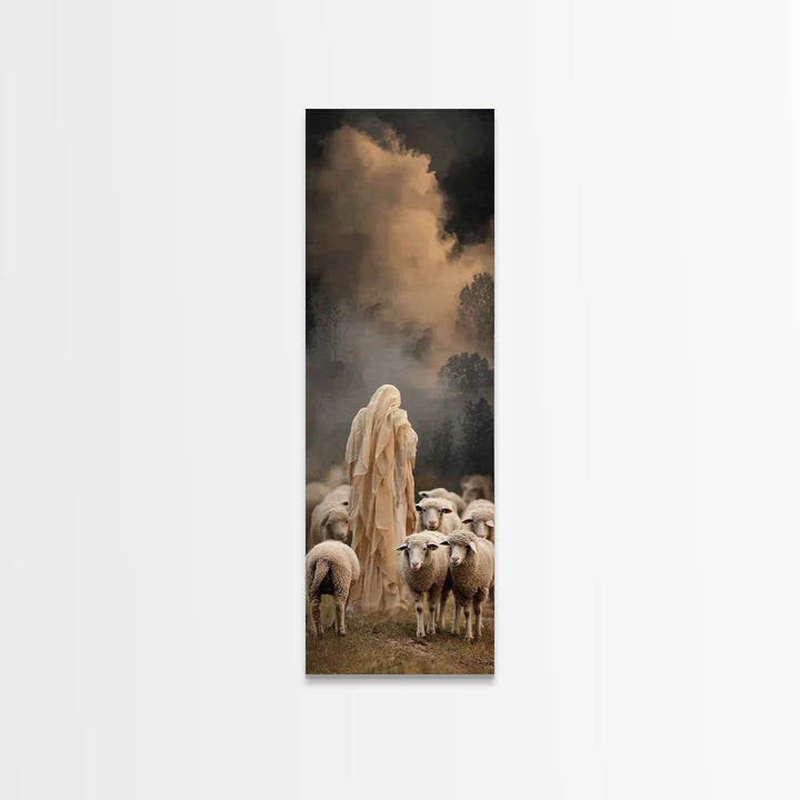 Shepherd’s Nightfall – Framed Canvas Print – Narrow Art – Christian Art Canvas – Jesus Painting – Christian Wall Art – Modern Christian Art