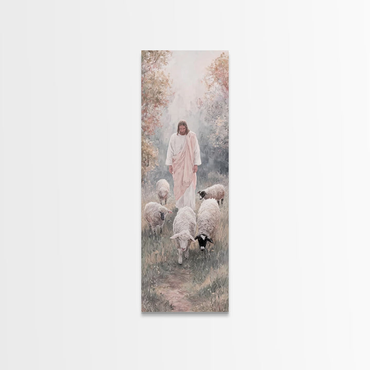 Gentle Shepherd Walk – Framed Canvas Print – Tall Skinny Art Print – Jesus Painting – Christian Art Canvas – Christian Wall Art – Modern Ch