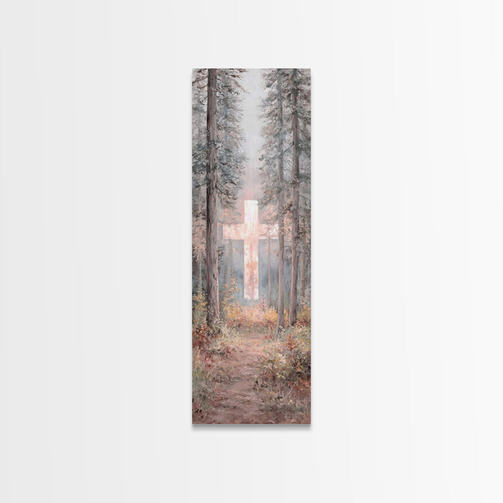 Forest Cross Glow – Framed Canvas Print – Narrow Art – Christian Wall Art – Christian Art Canvas – Christmas Art – Modern Christian Art – C