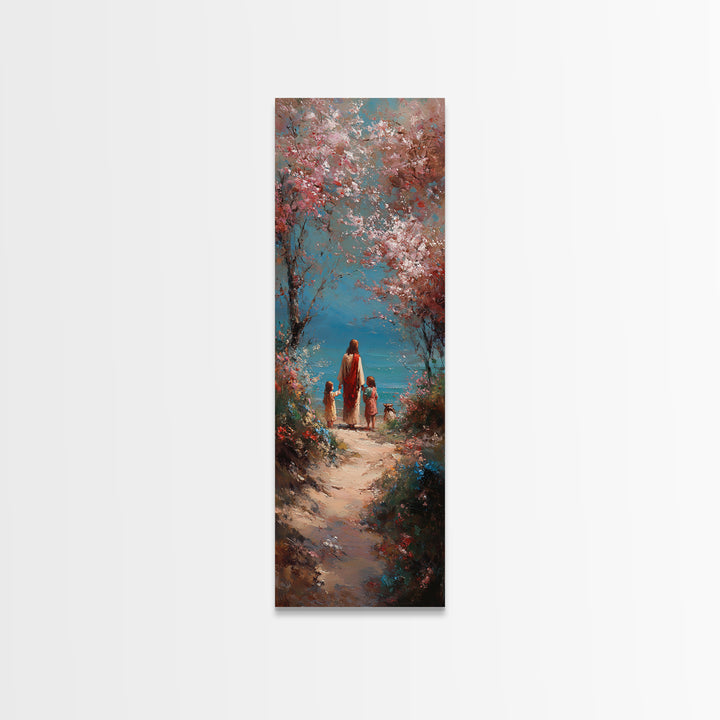 Soft Meadow Journey | Framed Canvas Print | Tall Narrow Wall Art | Christian Art Canvas | Christian Wall Art | Jesus Painting | Christian D