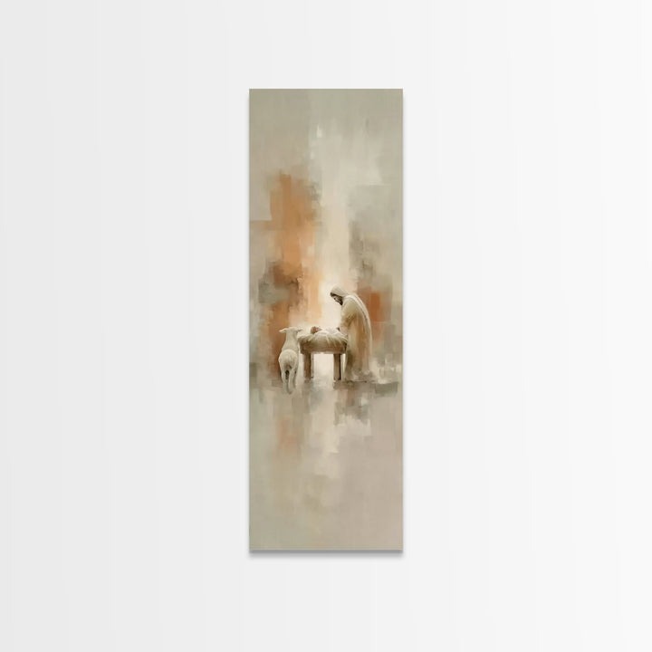 Humble Manger Peace – Framed Canvas Print – Christian Wall Art – Tall Narrow Wall Art – Christian Art Print – Christmas Art – Jesus Paintin