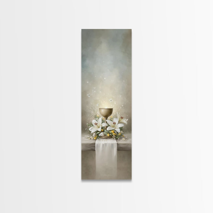Cross And Lilies | Framed Canvas Print | Narrow Art | Christian Art | Christian Wall Art | Christmas Art | Jesus Painting | Bible Art