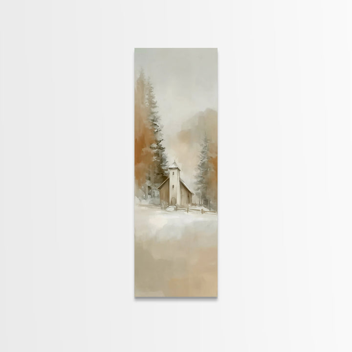 Snowy Chapel Peace – Framed Canvas Print – Christian Wall Art – Christian Art – Christmas Art – Tall Narrow Wall Art – Christian Decor