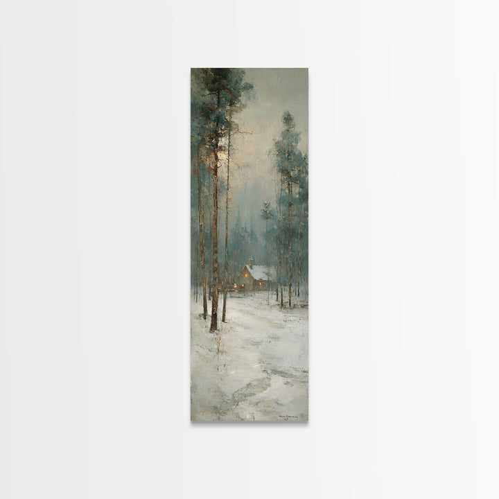 Snowfall Chapel Dawn | Framed Canvas Print | Christian Christmas Art | Narrow Art | Christmas Art Framed | Christian Wall Art | Christmas A