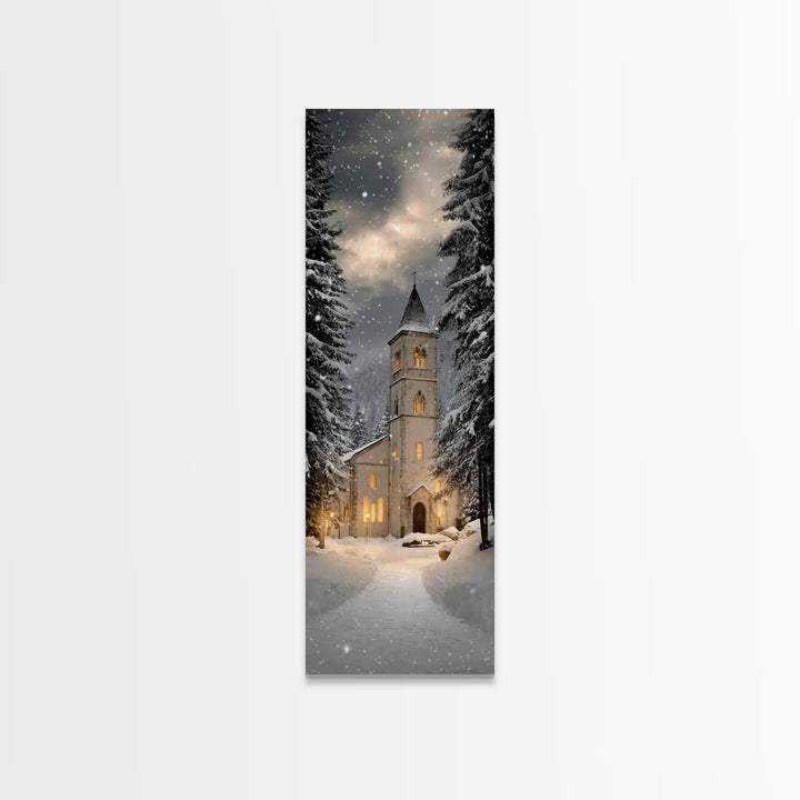 Snowfall Chapel Light – Framed Canvas Print – Tall Narrow Wall Art – Christian Wall Art – Christmas Art – Christian Christmas Décor – Moder