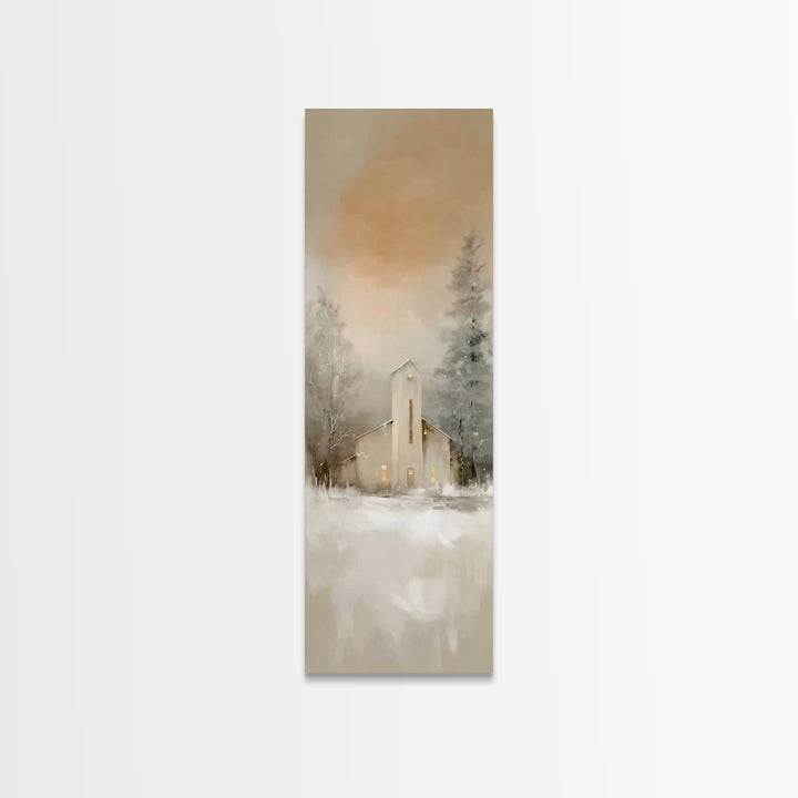 Evening Chapel Calm, Framed Canvas Print, Skinny Art, Christian Wall Art, Christian Christmas Art, Christmas Art Work, Framed Christian Art