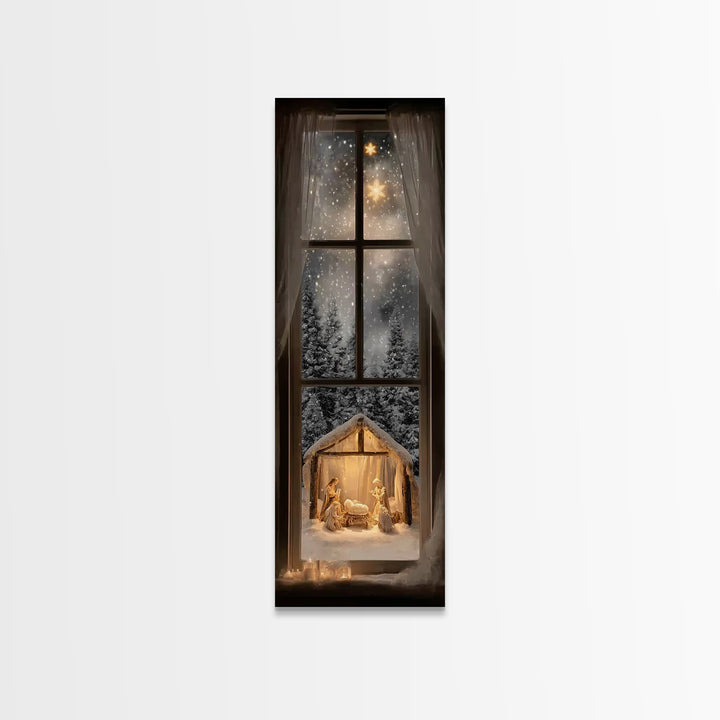 Silent Winter Nativity – Framed Canvas Print – Christmas Art – Christian Christmas Decor – Tall Narrow Wall Art – Christian Art Canvas