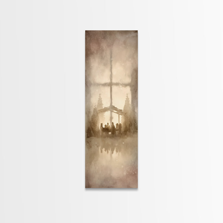 Nativity Dawn Glow | Framed Canvas Print | Christian Christmas Art | Christmas Wall Art | Skinny Art | Christian Art Work | Christmas Art P