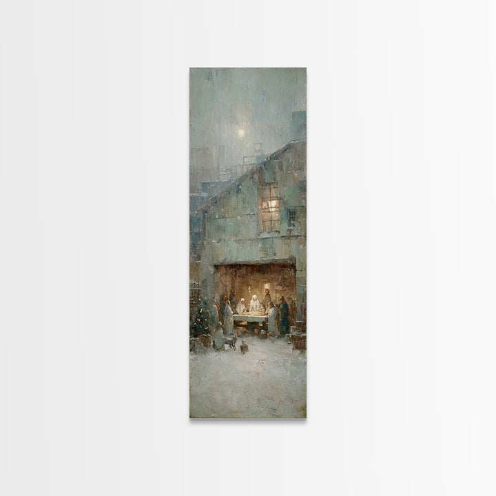 Humble Stable Night – Framed Canvas Print – Christmas Wall Art – Christian Art Canvas – Tall Skinny Art Print – Vintage Christmas Art