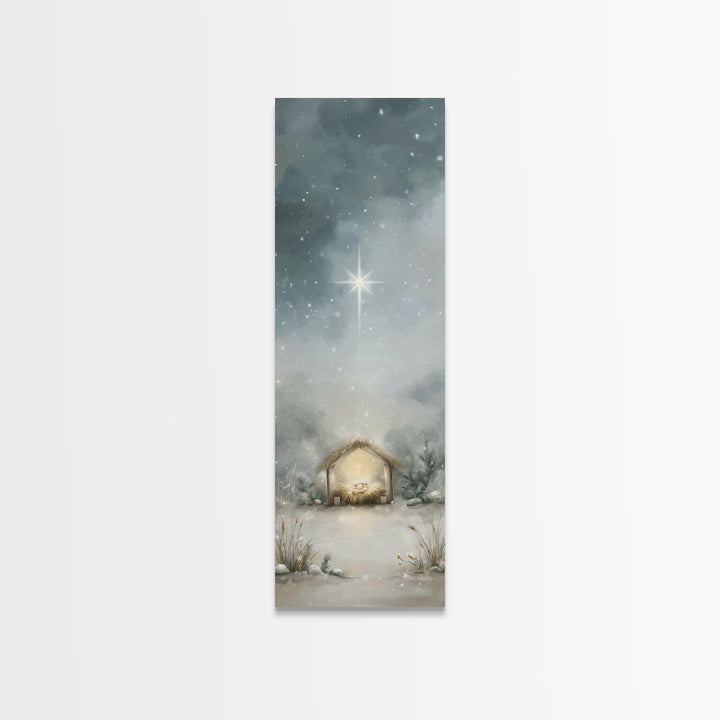 Silent Manger Light - Framed Canvas Print - Christian Christmas Art - Christian Wall Art - Christmas Art - Narrow Art - Christian Art Canva