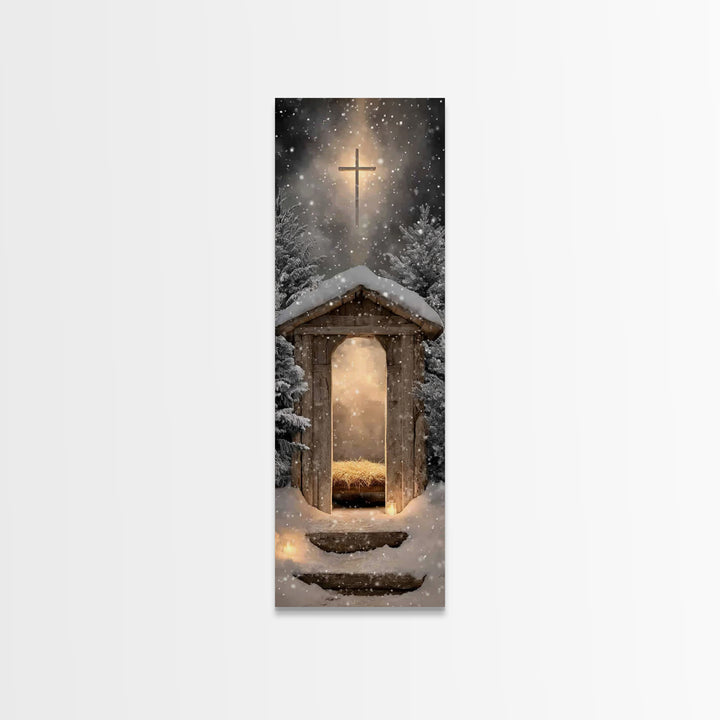 Snowlit Holy Shelter | Framed Canvas Print | Christmas Art | Christian Art Canvas | Christian Wall Art | Skinny Art | Christian Christmas A