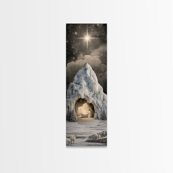 Icy Cavern Nativity, Framed Canvas Print, Christian Wall Art, Christian Christmas Art, Christmas Art, Tall Narrow Wall Art, Christian Art C
