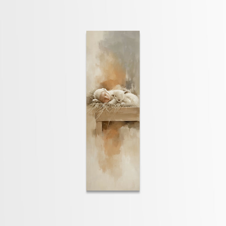 Soft Lamb Blessing – Framed Canvas Print – Tall Narrow Wall Art – Christian Art Prints – Christian Christmas Art – Jesus Painting