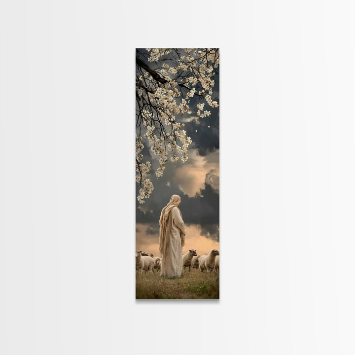 Quiet Shepherd Light, Framed Canvas Print, Christian Art Print, Jesus Wall Art, Skinny Art, Christian Christmas Decor, Christian Painting