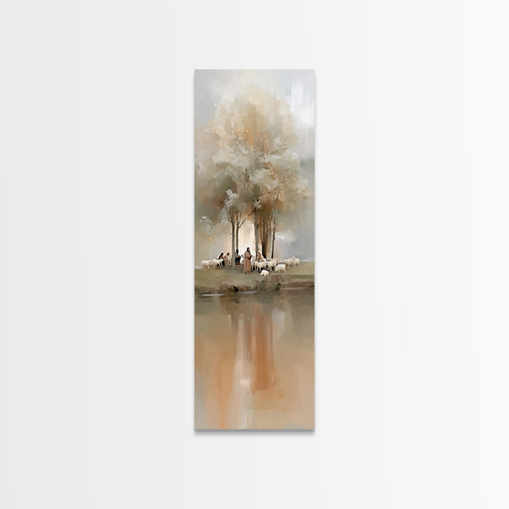 Morning Pasture Calm | Framed Canvas Print | Tall Skinny Art Print | Christian Wall Art | Jesus Painting | Christian Art Canvas | Christmas