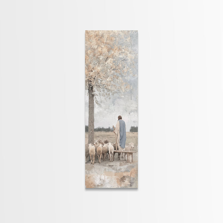 Riverside Shepherd Calm, Framed Canvas Print, Tall Narrow Wall Art, Christian Art Canvas, Jesus Painting, Christian Christmas Art, Christia