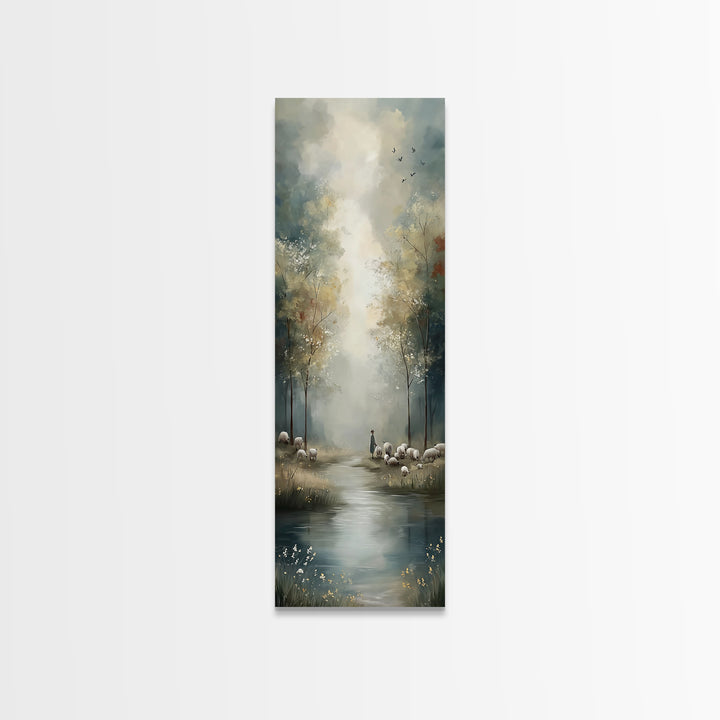 Pastoral Stillness, Framed Canvas Print, Narrow Art, Christian Wall Art, Jesus Painting, Christian Art Canvas, Christmas Art