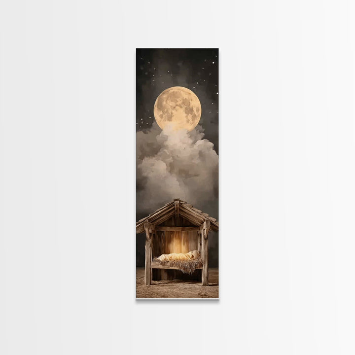 Nativity Moonrise – Framed Canvas Print – Narrow Art – Christian Christmas Art – Christian Art Canvas – Christian Wall Art – Christmas Art