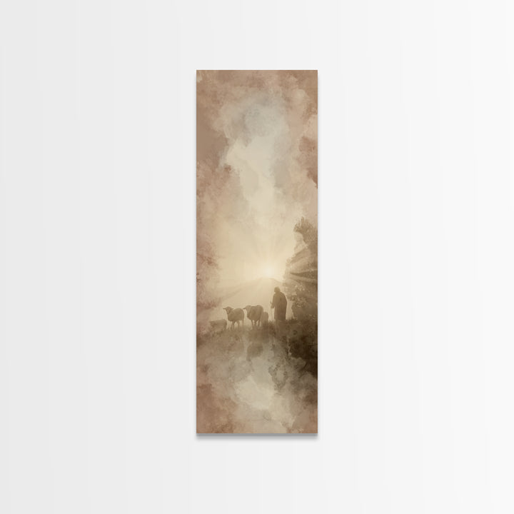 Dawn Of The Flock, Framed Canvas Print, Narrow Art, Christian Wall Art, Christian Art Canvas, Jesus Painting, Christmas Art