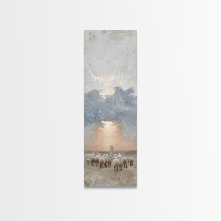 Morning Shepherd Grace – Framed Canvas Print – Tall Skinny Art Print – Christian Painting – Christian Art Canvas – Christmas Art
