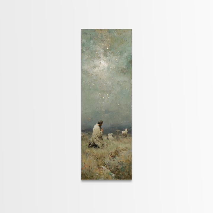Kneeling In Faith, Framed Canvas Print, Narrow Art, Christian Art Canvas, Christian Wall Art, Jesus Painting, Christmas Art