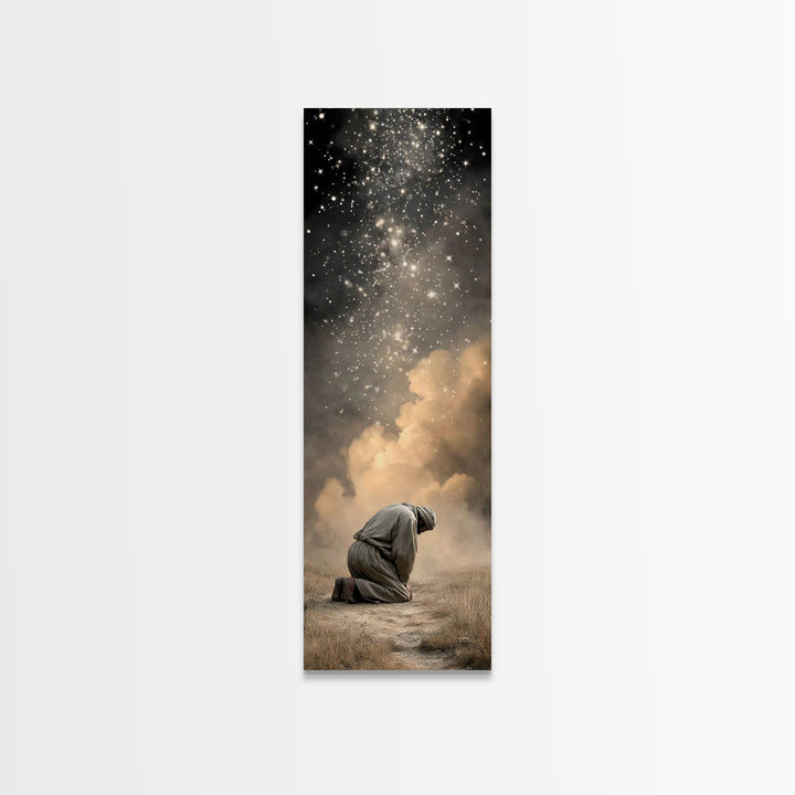 Heavenly Kneeling Light, Framed Canvas Print, Christian Wall Art, Christian Art, Tall Narrow Wall Art, Christian Art Canvas, Jesus Painting