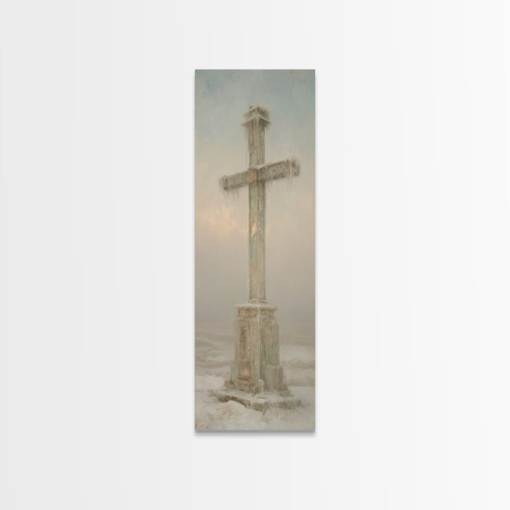 Winter Dawn Cross – Framed Canvas Print – Tall Skinny Art Print – Christian Wall Art – Christian Paintings – Christian Art Canvas – Christm