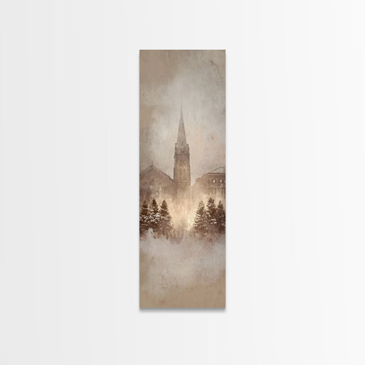 Frosted Chapel Dawn - Framed Canvas Print - Christian Christmas Art - Christian Wall Art - Skinny Art - Christian Art Gift - Vintage Christ