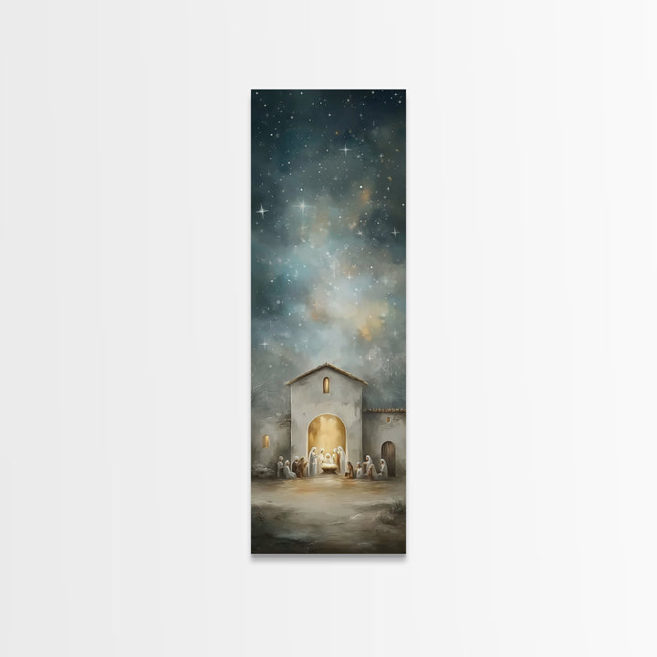 Holy Night Gathering – Framed Canvas Print – Christian Wall Art – Christmas Art – Christian Art Canvas – Tall Skinny Art Print