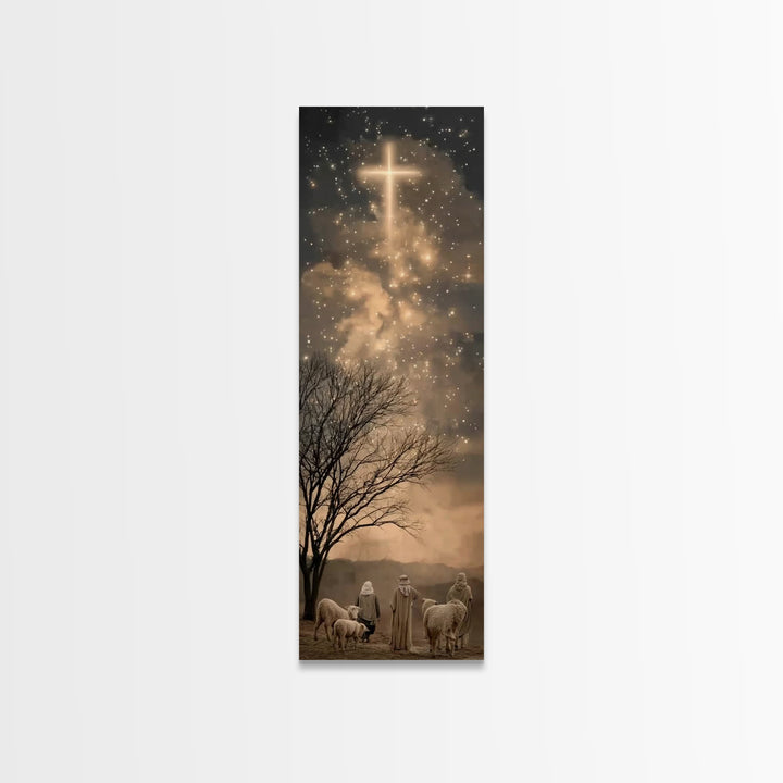 Bethlehem Night Glow, Framed Canvas Print, Tall Narrow Wall Art, Christian Christmas Art, Jesus Painting, Christian Decor