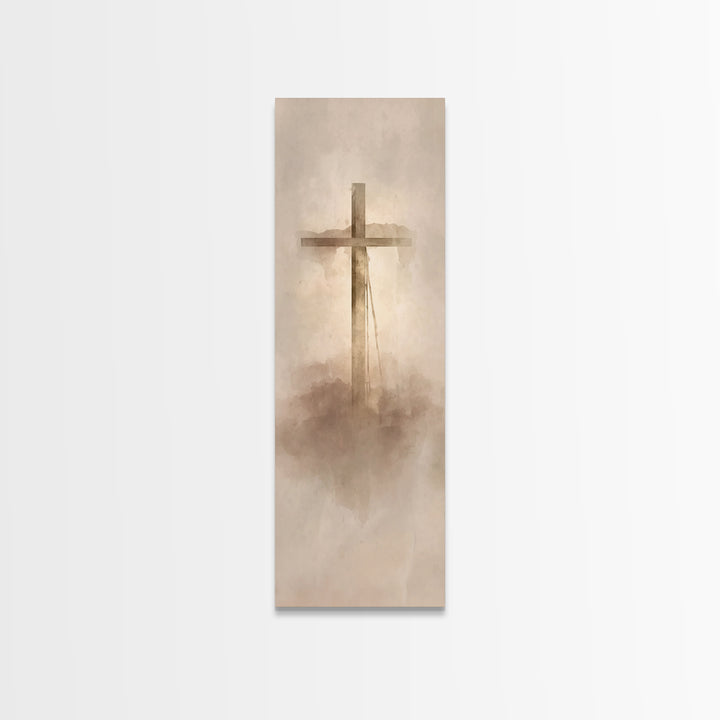Cross In The Mist, Framed Canvas Print, Tall Skinny Art Print, Christian Art Canvas, Christian Wall Art, Christian Art Work, Christian Deco