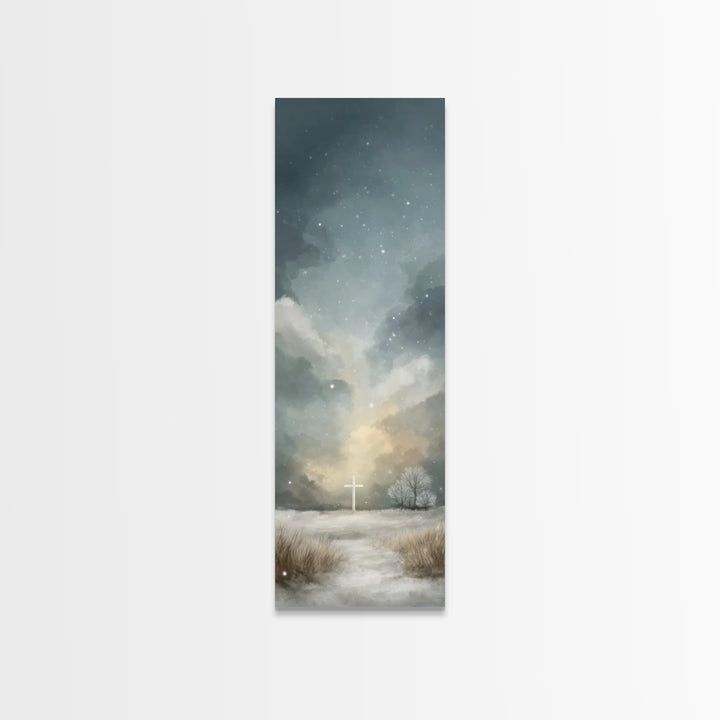 Sacred Hill Glow – Framed Canvas Print – Christian Wall Art – Jesus Painting – Tall Narrow Wall Art – Christian Art Canvas – Christmas Art
