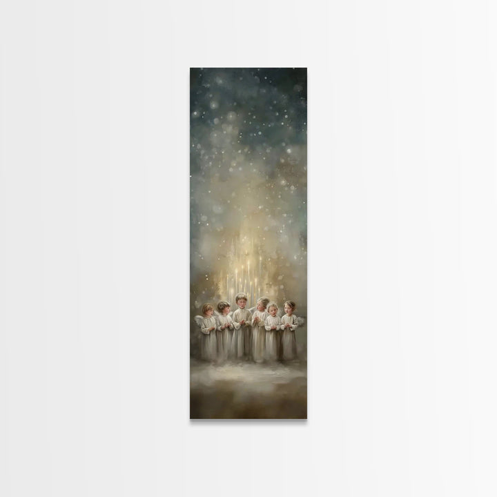 Radiant Gathering – Framed Canvas Print, Christian Wall Art, Christian Art Canvas, Tall Narrow Wall Art, Christmas Art, Christian Christmas