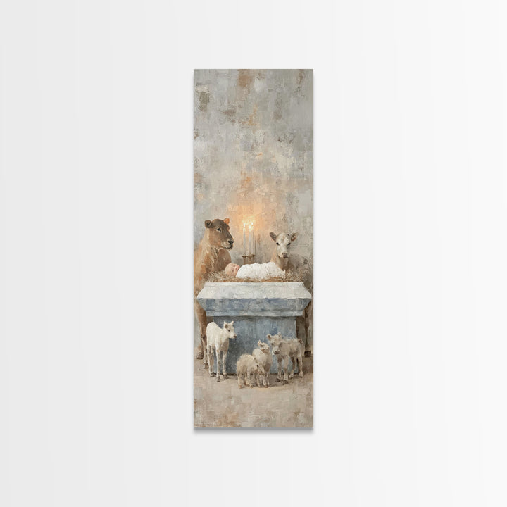 Serene Manger Hope – Framed Canvas Print – Christian Wall Art – Jesus Painting – Christmas Art – Narrow Art – Christian Art Canvas