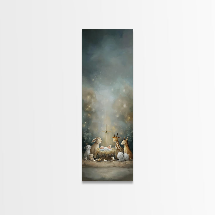 Starry Night Peace, Framed Canvas Print, Christian Christmas Art, Christian Decor, Tall Narrow Wall Art, Jesus Painting, Christmas Wall Art