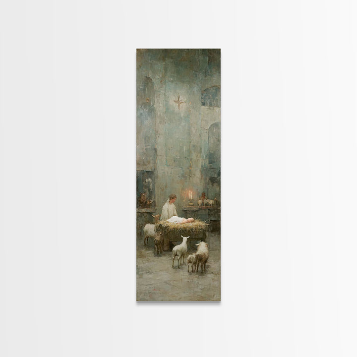 Quiet Nativity Glow | Framed Canvas Print | Christian Art Work | Modern Christian Art | Tall Narrow Wall Art | Christmas Art | Jesus Wall A