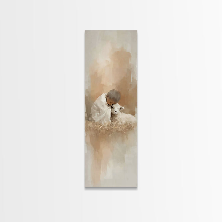 Tender Lamb Mercy, Framed Canvas Print, Christian Art Canvas, Christian Christmas Art, Narrow Art, Christian Gift, Jesus Art Print