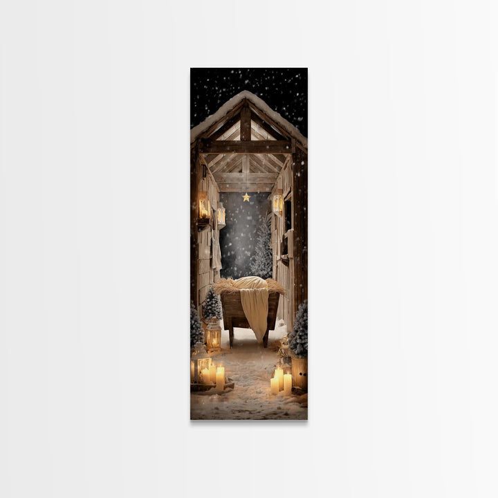 Starry Night Manger – Framed Canvas Print – Christian Christmas Art – Christian Wall Art – Christmas Canvas Wall Art – Tall Skinny Art Prin
