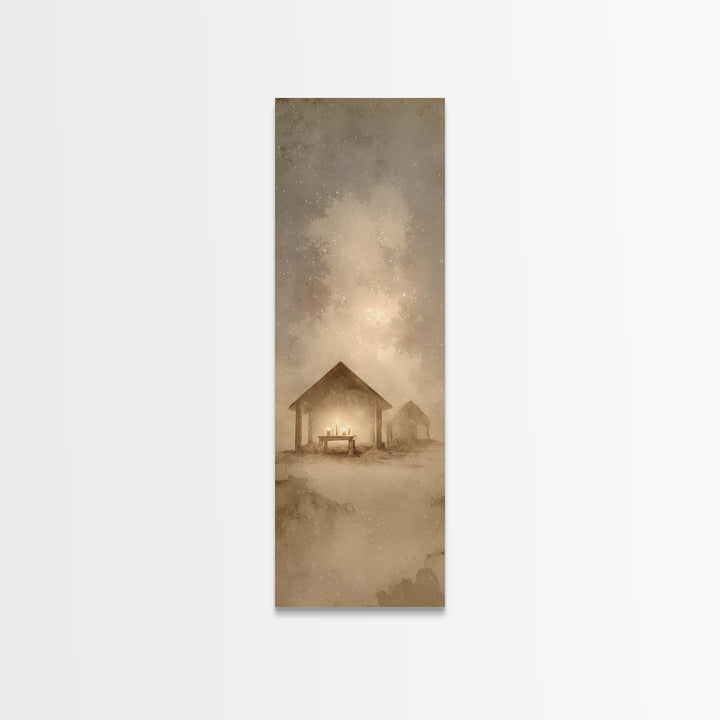 Sacred Stable Glow – Framed Canvas Print – Christian Art Canvas – Framed Christmas Art – Christian Art – Skinny Art